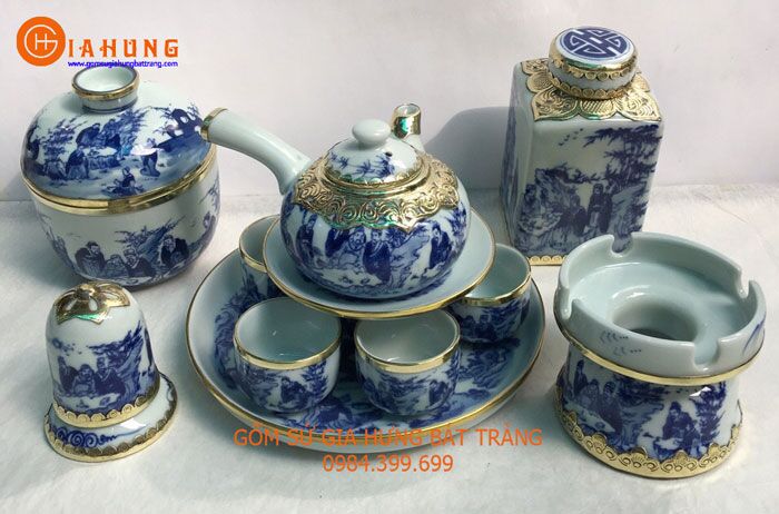 boamchenbocdong (13) Bộ ấm chén men lam, bộ ấm chén vẽ trúc lâm thất hiền, bộ ấm chén bọc đồng, bộ ấm chén bát tràng, bộ ấm chén pha trà