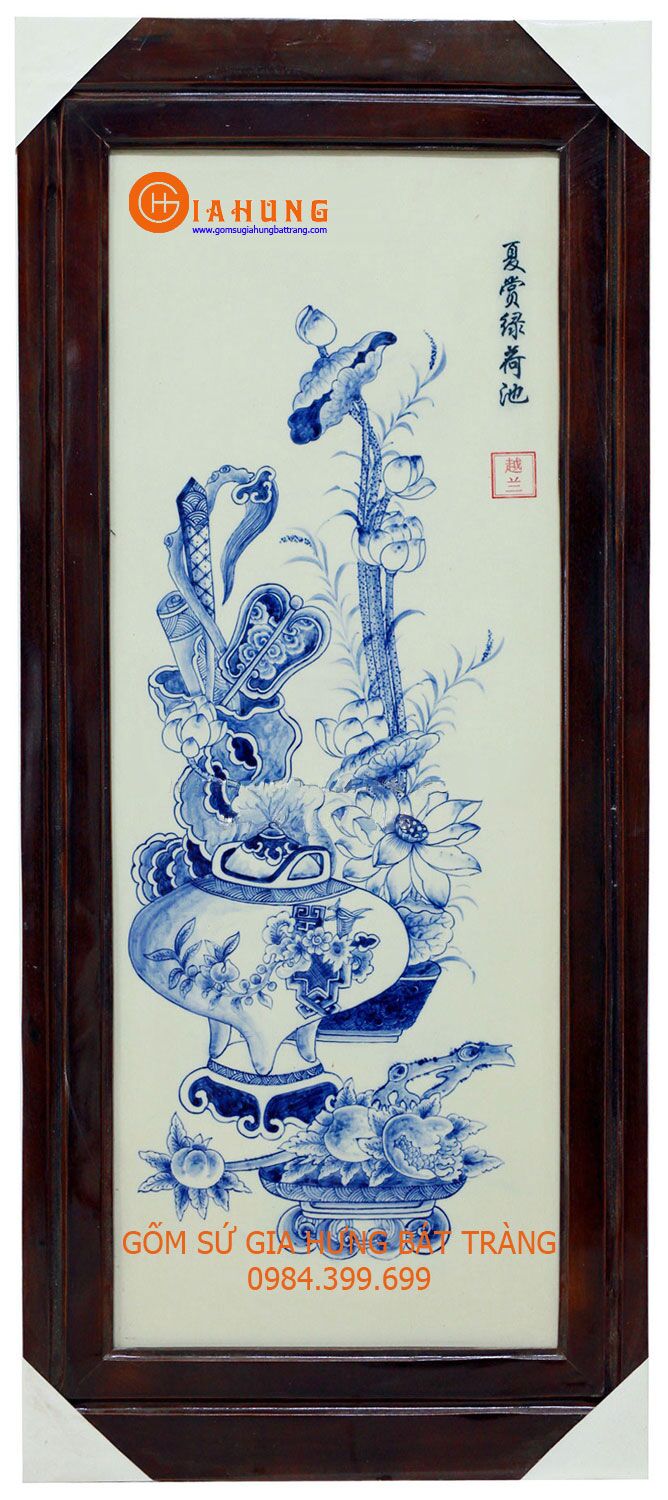 tranhcodomentramco (3) tranh gốm sứ bát tràng, tranh gốm vẽ tứ quý, tranh tứ quý men tràm. tranh cá chép trông trăng