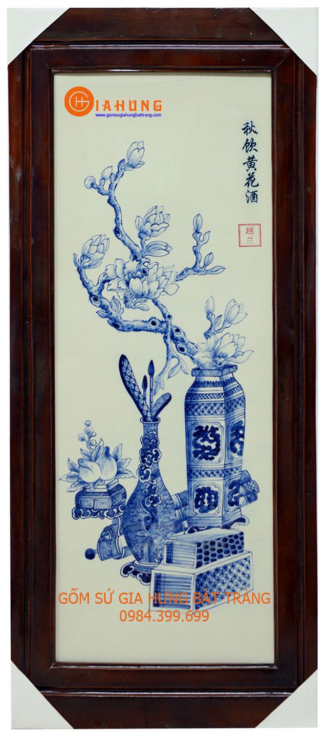 tranhcodomentramco (4) tranh gốm sứ bát tràng, tranh gốm vẽ tứ quý, tranh tứ quý men tràm. tranh cá chép trông trăng