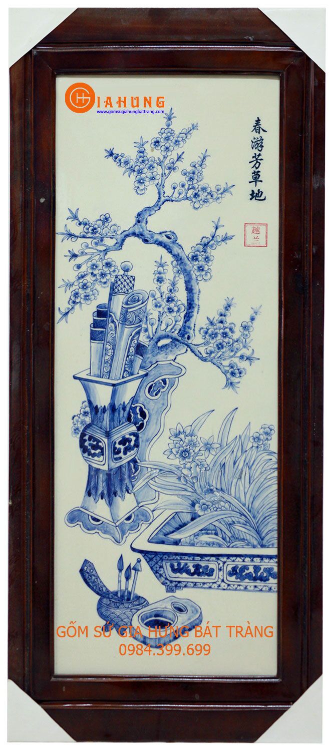 tranhcodomentramco (5) tranh gốm sứ, tranh gốm sứ bát tràng, tranh gốm vẽ tứ quý, tranh tứ quý men tràm. tranh cá chép trông trăng