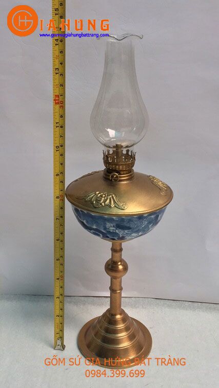 4 đèn dầu thờ, đèn dầu bọc đồng, đèn dầu chân đồng, đèn dầu gốm bát tràng, đèn dầu men rạn bọc đồng, đèn dầu men lam bọc đồng