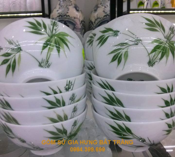 Bát cơm vẽ lá trúc gốm bát tràng Bát cơm bát tràng. bát con gốm, bát ăn cơm men trắng, bộ đồ ăn bát tràng, bát con vẽ sen, bát vẽ đào, bộ đồ ăn men kem, bát cơm vẽ trúc