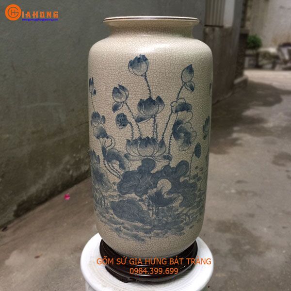 Bình hoa men rạn vẽ sen Bình hoa men rạn vẽ sen, bình hoa bát tràng, bình hoa đẹp, lọ hoa vẽ sen, lọ hoa đẹp bát tràng, quà tặng gốm sứ