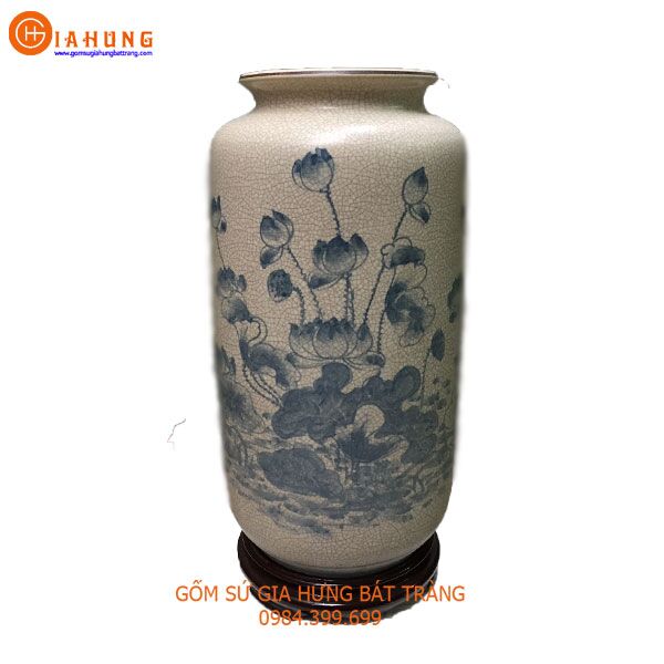 Bình hoa men rạn vẽ sen Bình hoa men rạn vẽ sen, bình hoa bát tràng, bình hoa đẹp, lọ hoa vẽ sen, lọ hoa đẹp bát tràng, quà tặng gốm sứ