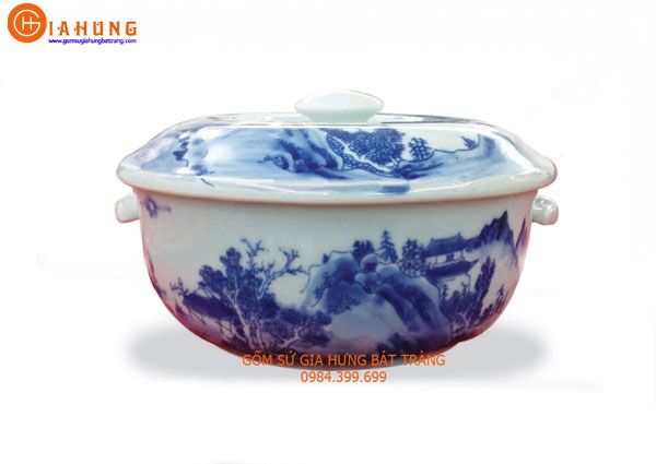 Âu cơm gốm sứ Bát Tràng âu cơm gốm sứ vẽ lá trúc, âu cơm gốm bát tràng, âu cơm, bộ đồ ăn vẽ trúc, bát tô có nắp, tô cơm canh, âu đựng gốm bát tràng