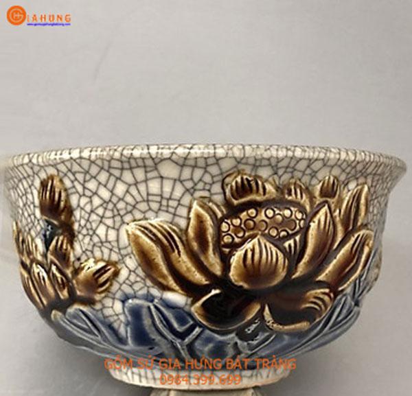 bát thờ men rạn đắp sen bộ đồ thờ gốm bát tràng, đồ thờ men rạn đắp nổi, đồ thờ gốm sứ, nậm rượu men rạn nổi, chóe thờ, bát thờ men rạn, bát thờ vẽ sen, bộ bát thờ men rạn nổi