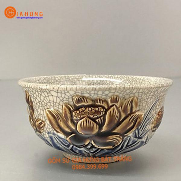 bát thờ men rạn đắp sen bộ đồ thờ gốm bát tràng, đồ thờ men rạn đắp nổi, đồ thờ gốm sứ, nậm rượu men rạn nổi, chóe thờ, bát thờ men rạn, bát thờ vẽ sen, bộ bát thờ men rạn nổi