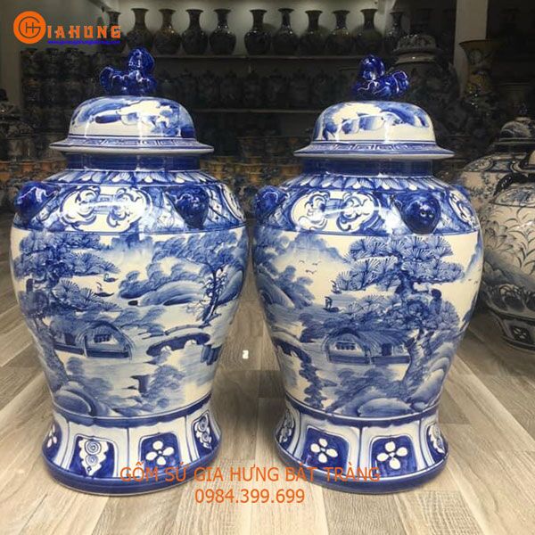choe-ve-son-thuy-mau-lam Chóe vẽ công đào, chóe gốm sứ bát tràng, chóe vẽ phong cảnh, chóe hoa văn khắc nổi, chóe gốm sứ, chóe 50 lít, chóe 20 lít, đôi chóe bát tràng, chóe men lam