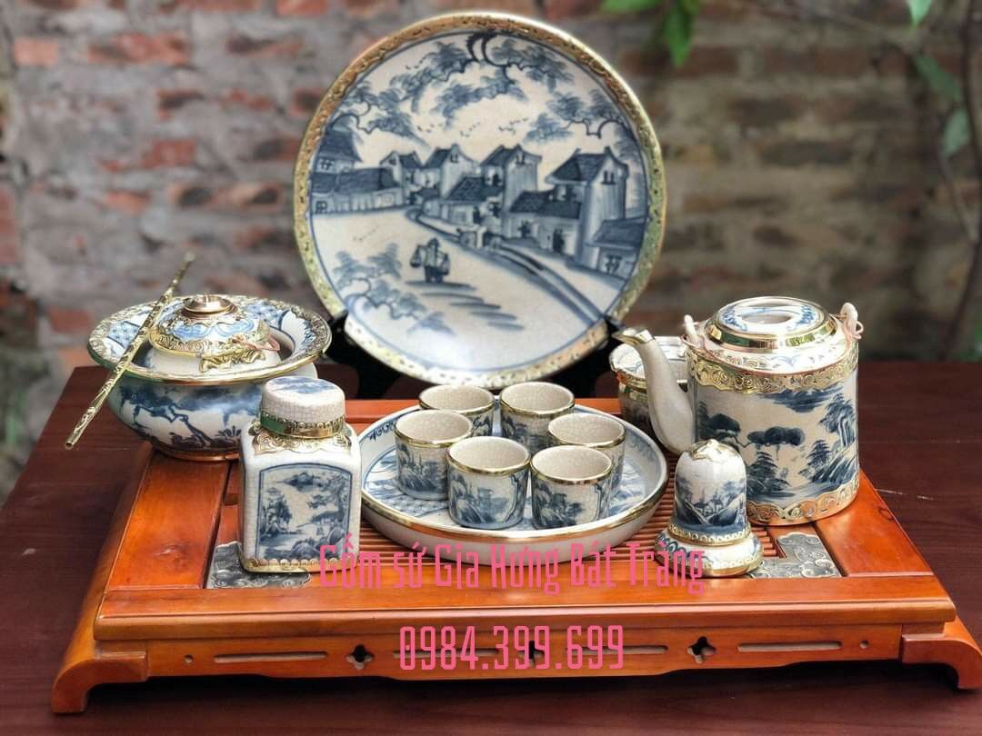 bộ ấm chén men rạn bọc đồng Bộ ấm tích men rạn bọc đồng gốm Bát tràng NV02