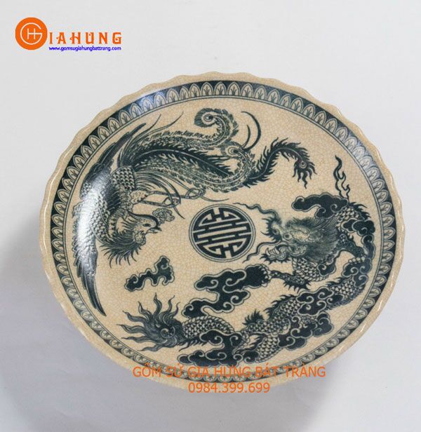 mâm bồng thờ men rạn cổ vẽ rồng phượng Mâm bồng thờ cúng, mâm bồng thờ bằng gốm bát tràng, mâm bồng vẽ rồng phượng, đĩa bồng thờ, mâm bồng vẽ sen, đĩa thờ gốm bát tràng, đĩa đựng hoa quả thờ, mâm bồng thờ men rạn cổ