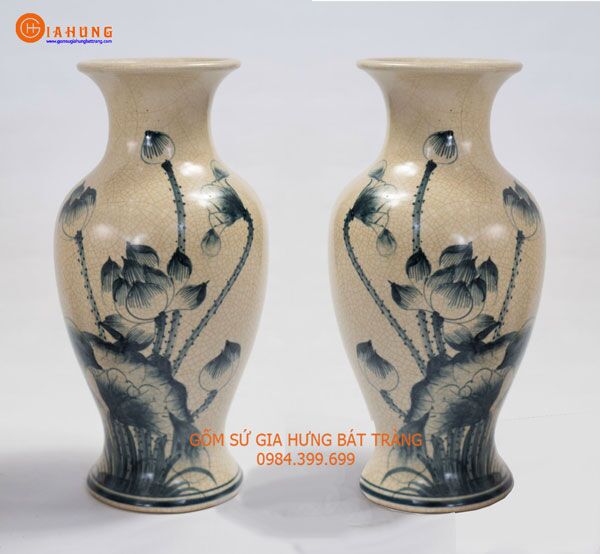 đôi lọ hoa men rạn vẽ sen Bình hoa men rạn vẽ sen, bình hoa bát tràng, bình hoa đẹp, lọ hoa vẽ sen, lọ hoa đẹp bát tràng, quà tặng gốm sứ, lọ hoa vẽ sen cá, đôi lọ hoa thờ men rạn vẽ sen