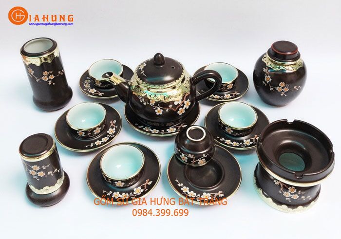 Bộ ấm chén bọc đồng vẽ hoa đào bát tràng Bộ ấm chén bát tràng, bộ ấm chén bọc đồng, ấm chén gốm, bộ ấm chén hoa đào, ấm chén bọc đồng bát tràng, ấm chén gốm bát tràng