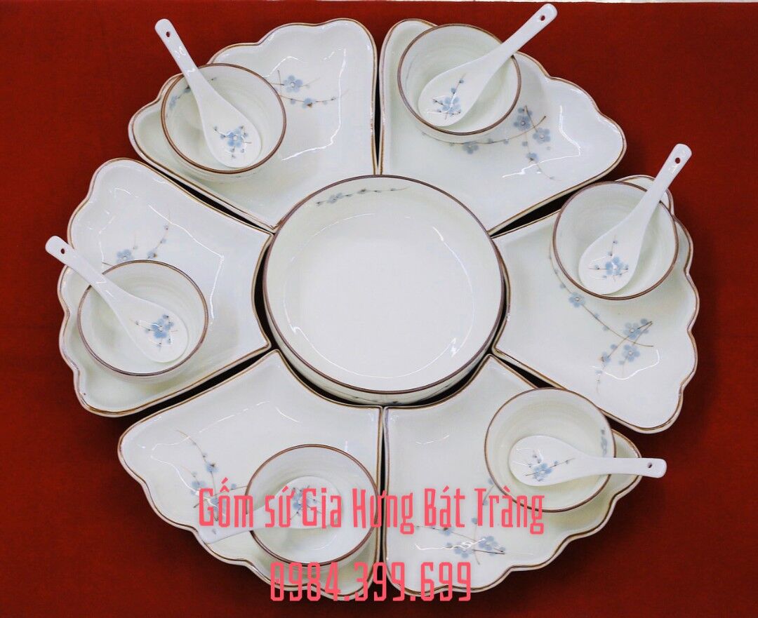 Bộ đĩa mặt trời men kem bộ đĩa mặt trời, bộ đĩa men kem hoa đào, bộ đĩa gốm bát tràng, đĩa ăn cao cấp, đĩa mặt trời men kem vẽ sen